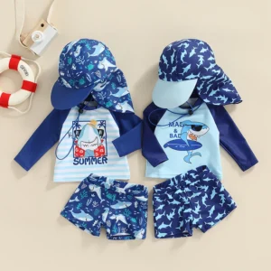 Cartoon Striped Shark Swim Outfit With Hat