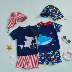 Lioraitiin Toddler Baby Boy Swimsuit Set Shark Print Short Sleeve Rash Guard Swim Tops Shorts Sun Hat 3Pcs Bathing Suit Outfit